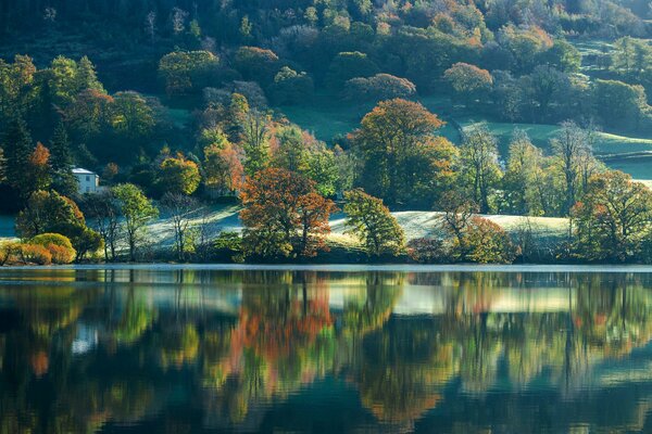 Autumn Landscape of England trees in the reflection of the lake