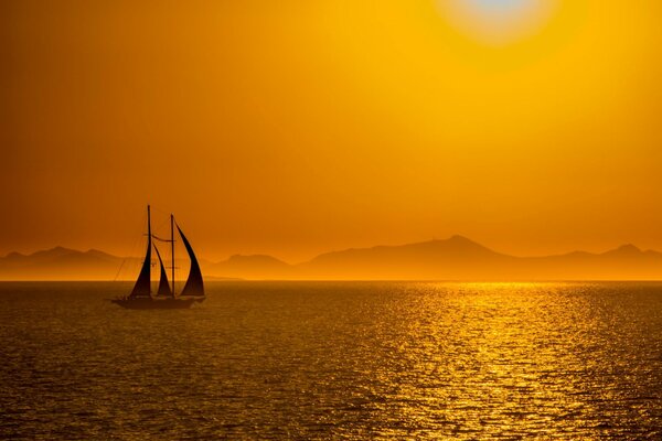 Incredible landscape at sea yacht at sunset