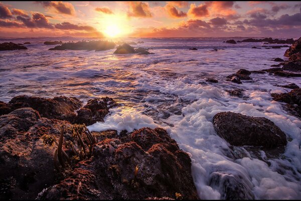 Foam of waves on the background of a sea sunset