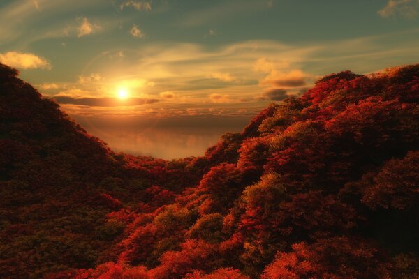 Autunno sui pendii in montagna. Tramonto affascinante