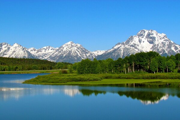 Lake on the background of forest and mountains