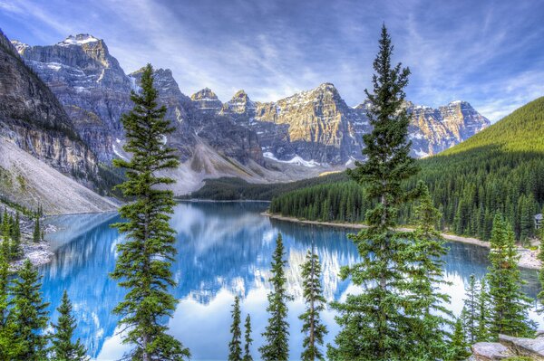 Lago canadese di montagna sullo sfondo della foresta